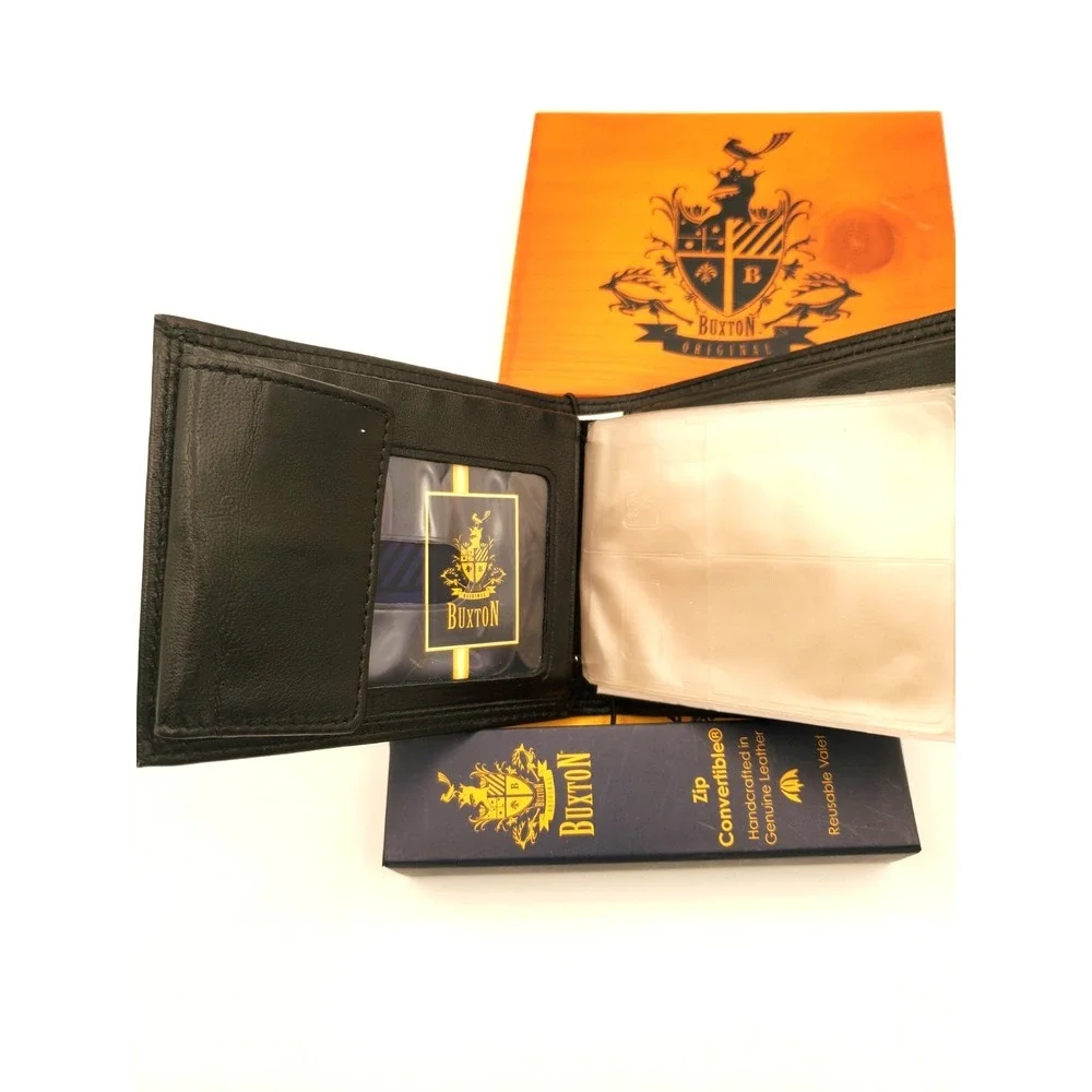 NIB Buxton Black Genuine Leather Bifold Men's Wallet w/Wooden Buxton Box